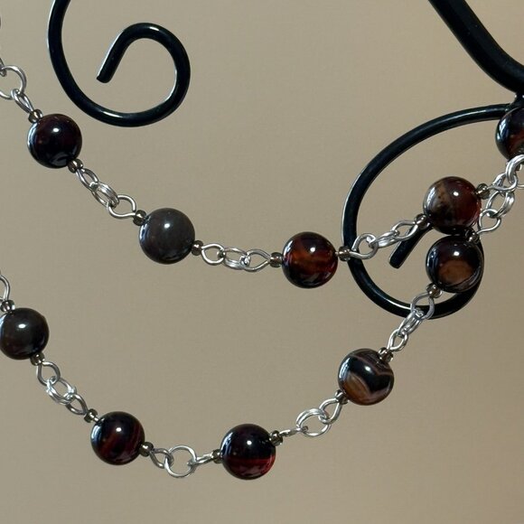 Genuine Dark Brown Agate Necklace, Natural Gemstone & Dog Person Paw Print Charm - Picture 12 of 15